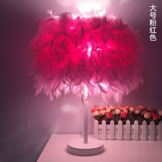 曜添创意简约欧式羽毛台灯卧室床头公主婚房温馨LED生日礼物玫瑰台灯 中号白杆桃红色羽毛 调光开关