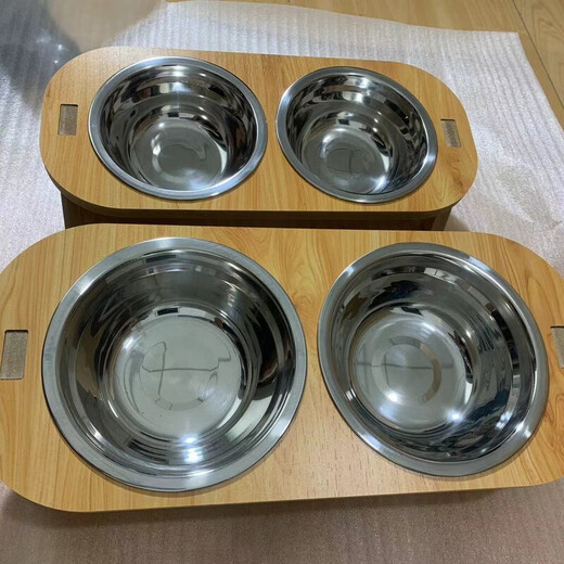 Junkiss cat bowl that cannot be knocked over, large capacity, extra large neck protection, anti-black chin kitten water bowl, stainless steel cat double bowl cat food basin, cedar wood color, double bowl - food grade stainless steel basin - dry food and drinking water
