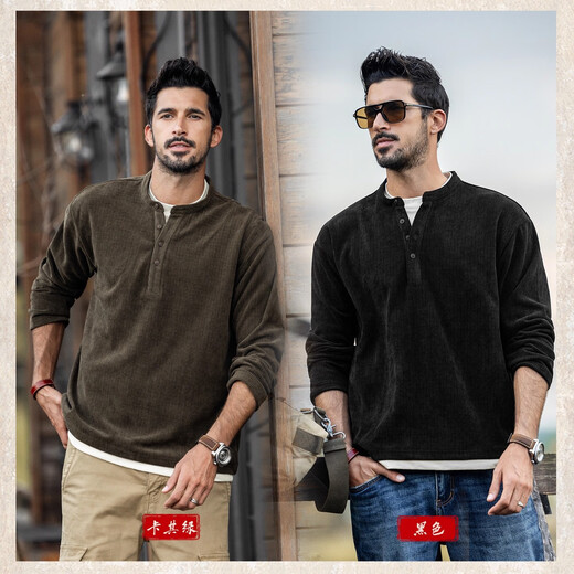 Jay Leno American retro heavyweight sweatshirt men's autumn and winter thickened fake two-piece European velvet men's t-shirt loose henley shirt men's khaki green 400g heavy M suitable for 100-120Jin Jin equals 0.5 kg