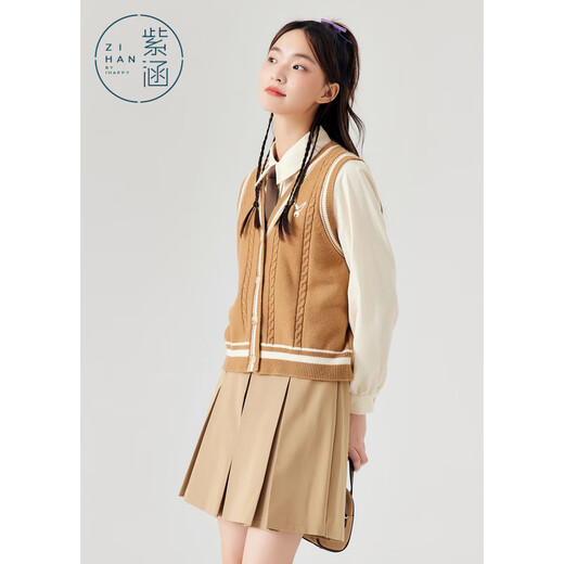 Zihan (ZIHAN) Zihan college style shirt knitted cardigan pleated skirt three-piece set for women spring petite JK suit khaki L