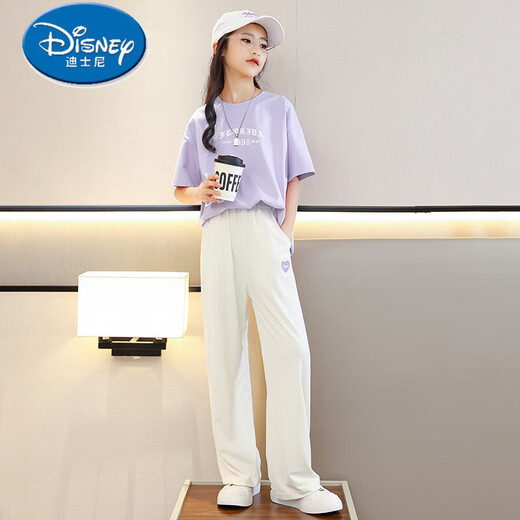 迪士尼（Disney）女童夏装套装儿童洋气2025新款大童短袖t恤长裤夏季休闲运动女孩 15025米白色+9731紫色 170 cm