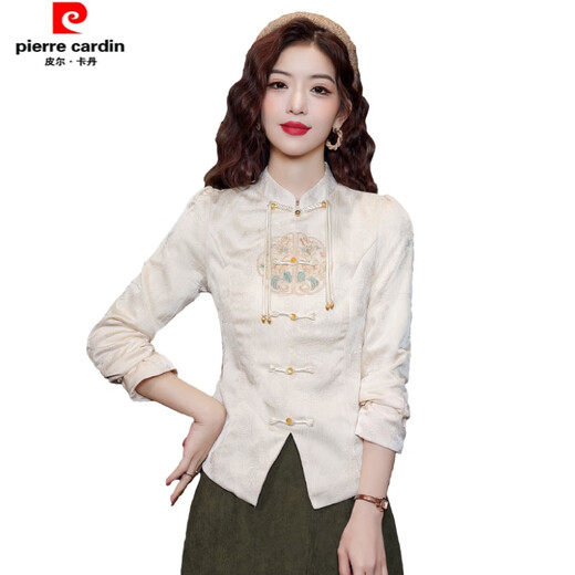Pierre Cardin New Chinese Style Stand Collar Tassel Button Shirt Slim Fit Chinese Style Tang Suit Embroidered Jacket Women's 24 Early Spring Long Sleeve Top Apricot 2XL Size Recommendation 120-130 Jin Jin is equal to 0.5 kg