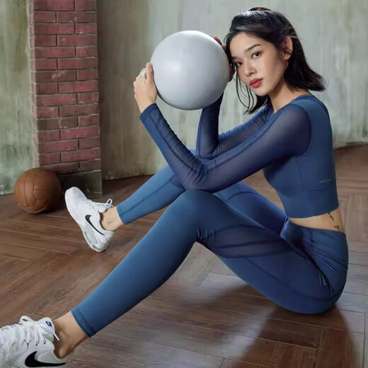 Sporn yoga clothing women's suit spring and summer new professional Pilates fitness clothing high-end sexy temperament running sports suit deep sea blue top (with chest pad) + leg shaping trousers XXL (130-145Jin Jin equals 0.5kg)