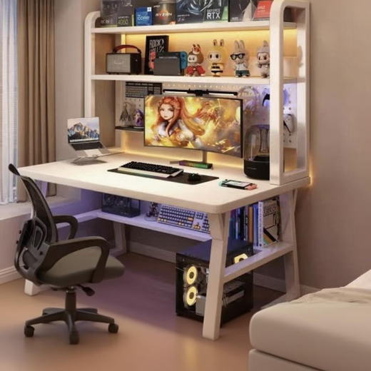 Computer desk desktop home study table with perforated board bedroom desk bookshelf integrated small table simple desk with perforated board 140*60x147CM milk white + magnet 6 + hook 3