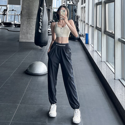 LULU CENTURY Pilates training yoga sweatpants for women summer thin quick-drying breathable loose running naked fitness pants for women black M