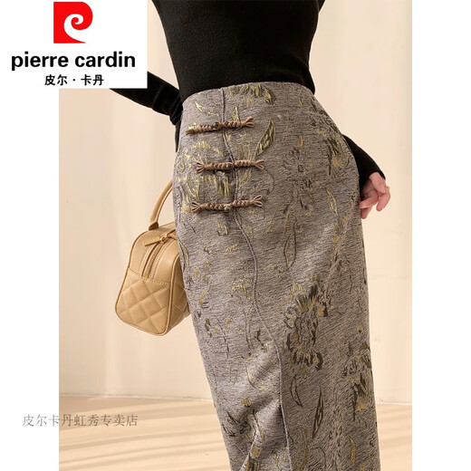 皮尔卡丹（pierre cardin）鎏金提花半身裙女秋冬感复古盘扣新中式国风长裙 灰金色 W967 XS