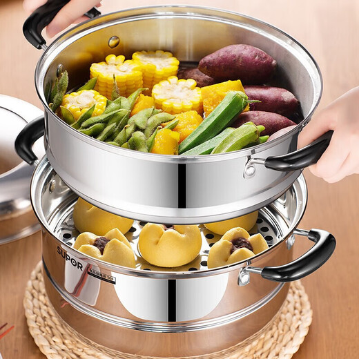 SUPOR 304 stainless steel double-layer multi-bottom soup pot steamer household visible high arch cover multi-functional gas induction cooker universal 4-6 people 304 stainless steel-double-30cm
