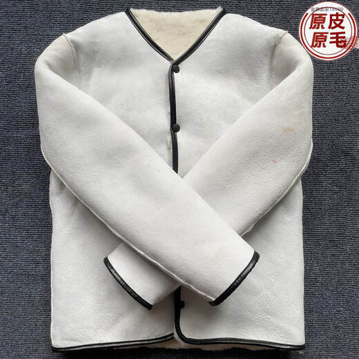 Fur all-in-one pure sheepskin jacket for middle-aged and elderly men, lamb wool cotton-padded jacket, pure sheepskin lining jacket, thickened leather top, round neck snap style XL Weight 110Jin Jin equals 0.5kg -130Jin Jin equals 0.5kg