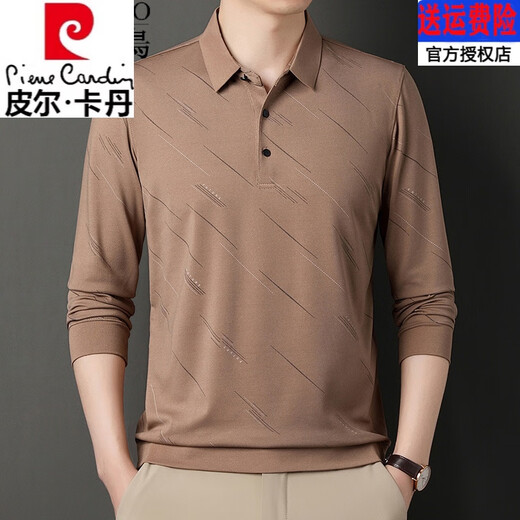 皮尔卡丹（pierre cardin）高档品牌纯棉t恤男士长袖2025新款中年休闲翻领薄款爸爸体恤衫 829藏青色 XL 175