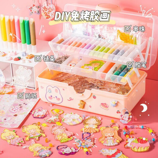 免烤胶画玩具手工diy制作女孩水晶挂件益智涂色涂鸦儿童画画填色 胶画120件+10挂件6色+手串咕卡 儿童手工创意：绘画胶画+手串组合