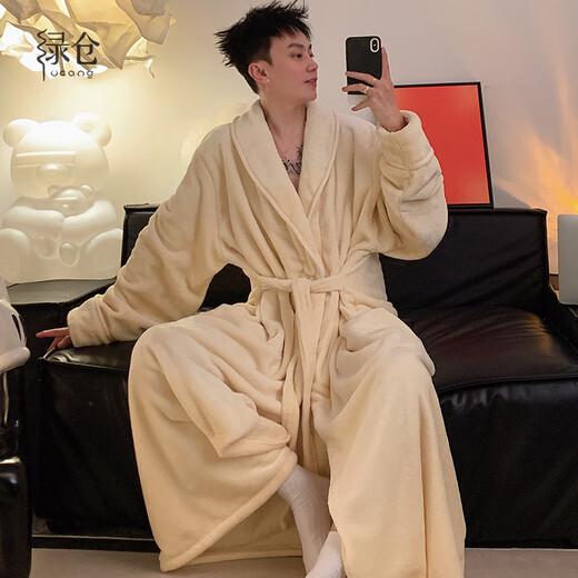 Green warehouse autumn and winter coral velvet nightgown men's winter plus velvet thickened warm five-star hotel bathrobe plus fat plus size pajamas black and gray long loose version 3XL size