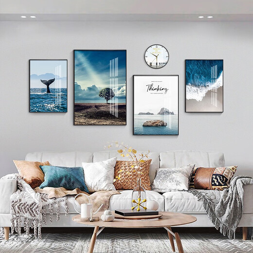 Mohu (mohu) living room decoration painting sofa background wall mural modern simple landscape landscape painting TV wall high-end new style hanging painting Haikuotian 15934 (including wall clock) Art crystal porcelain combination-black frame