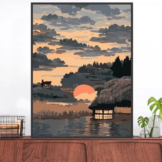Digital oil painting Large size Chinese style landscape digital oil painting DIY coloring healing sunset sunset scenery living room YF-829 High mountains stand 50*65cm pen + pigment + inner frame