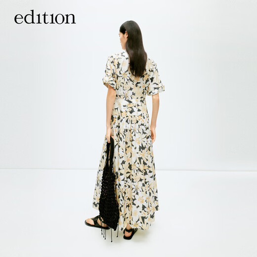 edition连衣裙女夏季新款橘子花印花桔梗法式收腰气质长裙 黑底橘花 M/165