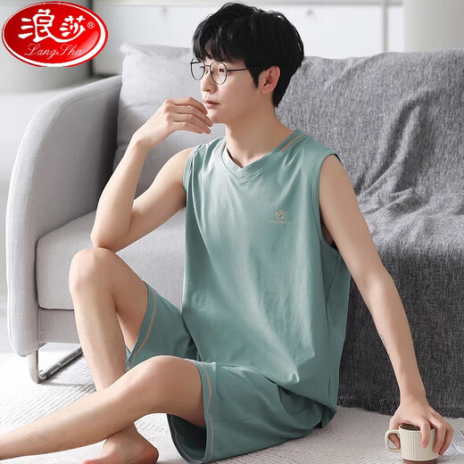 浪莎（LangSha）睡衣男士夏季薄款莫代尔背心无袖短裤冰丝凉感夏天大码家居服套装 A-12023 L