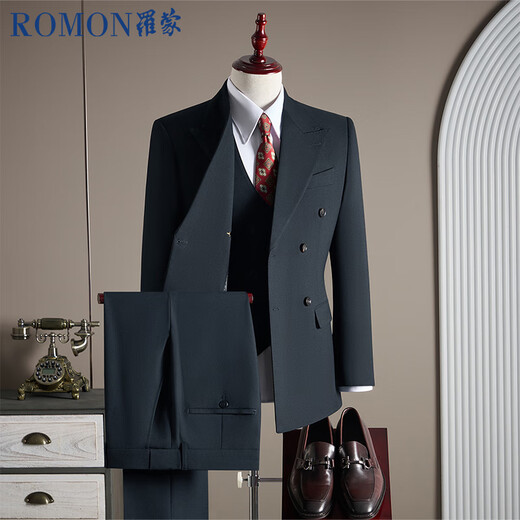 ROMON suit + vest + trousers Tencel Lyocell cotton wool double breasted suit dress men black XL