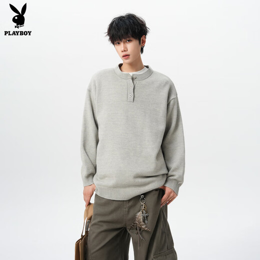 Playboy American Solid Color Henley Collar Sweater Men's Autumn and Winter New Trendy Brand High-Quality Knitwear Casual Warm Couple Jacket Light Gray XL