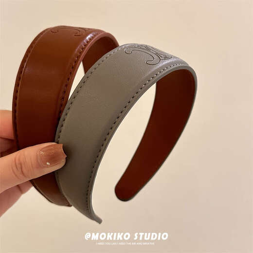 Nanzhi French high-end retro leather letter headband with pressed edge and wide edge for outing heavy industry light luxury hair accessories for women Black-leather c letter headband