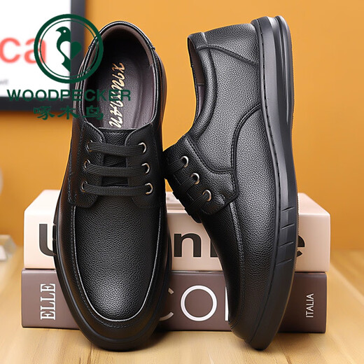 Capa de la cabeza de Woodpecker Cawhide Soft Sole Men's Business Casual Cuero zapatos de cuero de moda para hombres Baita Shoes informales de un pie de un pie 6629 Negro (estilo de cordón) más zapatos de algodón de terciopelo 40