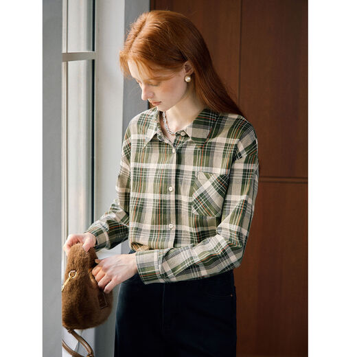 KUHNMARVIN Japanese simple yellow and green plaid shirt for women 2025 winter new casual style commuting versatile shirt K20322 Mori Green S