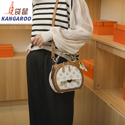 袋鼠（KANGAROO）千鸟格小圆包2024新款时尚百搭感小众圆形包手提斜挎小包包 KJ米白