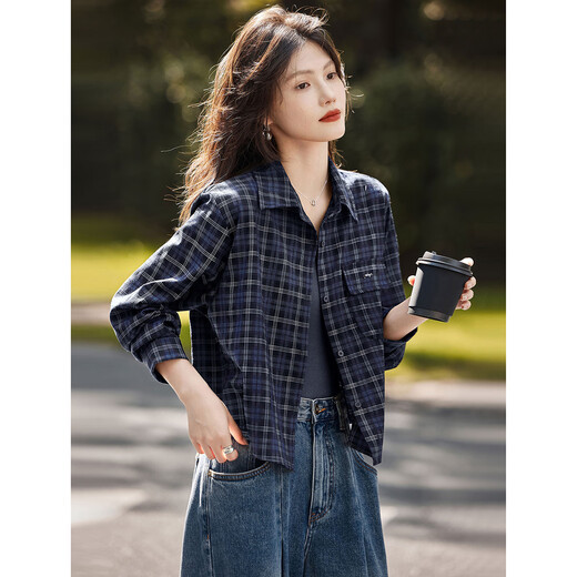 Awakening Paradise autumn retro temperament versatile layering soft plaid long-sleeved shirt navy plaid M