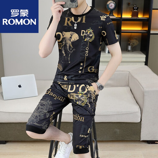 ROMON 2025 new personalized elephant printed short-sleeved T-shirt sports suit men's summer fashion brand casual two-piece set men's clothing 826 elephant white M