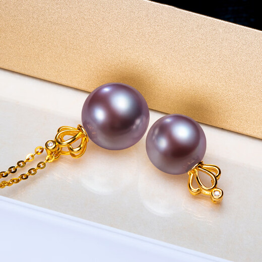Haitong Jiuzilihuo 18K gold diamond purple freshwater pearl pendant single simple crown necklace gift for women minor flaws 10-11mm
