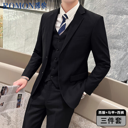 ROMON Suit Men's Business Slim Suit Men's Professional Formal Wear Groom Wedding Dress Jacket Black 2XL