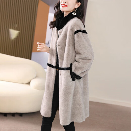 KAISER gold mink velvet women's stand collar long Haining eco-friendly fur winter plus velvet European and American style high-end women's clothing gray M