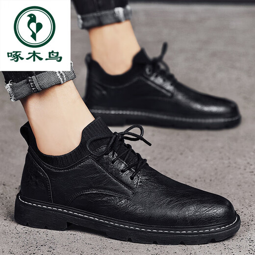 Woodpecker men's shoes autumn 2025 new British style business formal wear men's casual Wenzhou leather shoes black work trendy shoes black 40