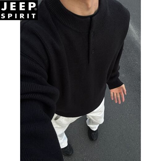 JEEP SPIRIT black Henry collar sweater men's spring and autumn mature and stable POLO knitted bottoming shirt lazy style inner sweater black M
