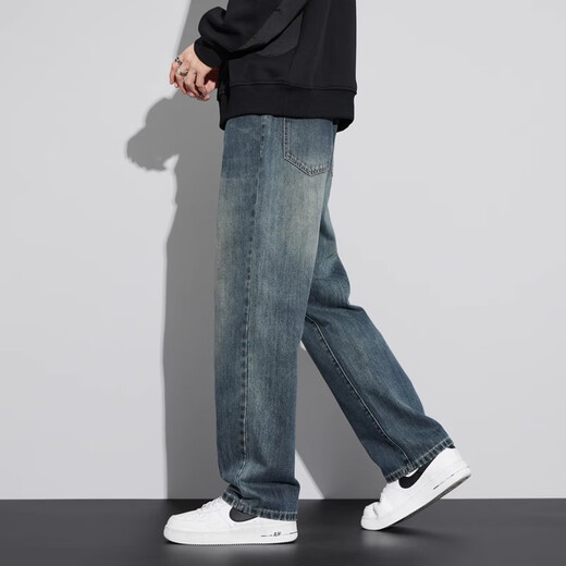 Jeanswest jeans men's autumn and winter new loose straight wide leg trendy versatile American retro plus velvet autumn casual pants 6843 retro blue plus velvet 31