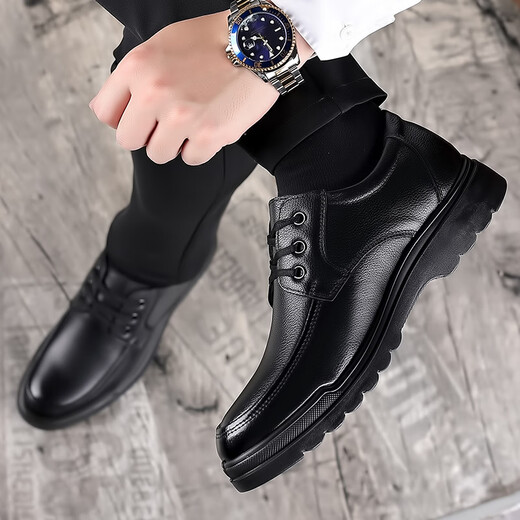 YRC Yierkang Zapatos de cuero para hombres Cow Wide Sbreos Sole Casual Hombres Capases transpirables Cabeza ligera Caca Caca Middle Again y mayores zapatos de papá A6627 Black Plush Style 38
