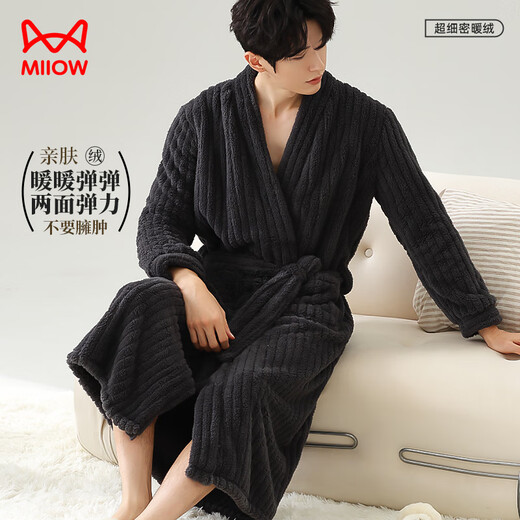 Catman Warm Plush Pajamas Men's Couple Pajamas Women's Autumn and Winter Striped Extra Long Warm Simple Bathrobe Gray