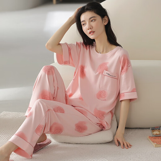 红豆官网织睡衣女夏季纯棉短袖长裤薄款全棉夏天女士家居服套装春秋季 YZT9712主图款 短袖长裤 L 100-120斤