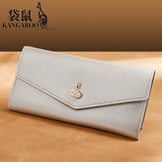 袋鼠（KANGAROO）时尚鳄鱼纹女士长款钱包超薄时尚大容量多卡位放手机证件卡夹卡包 白色