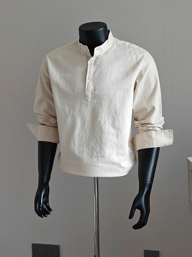 Xiaohongshu's same style black Henry collar long-sleeved shirt for men, autumn old money style polo shirt, American lining, black M