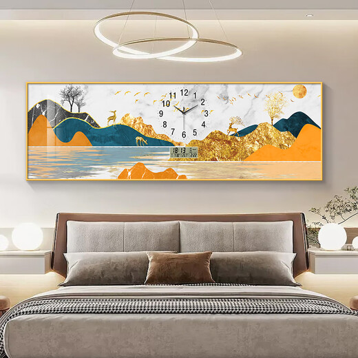 小小画钟新中式钟表挂钟客厅沙发背景墙装饰画万年历电子时钟福鹿山水时钟 ZP1476 【真时钟+智能万年历】 71英寸 180*60cm