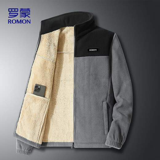 ROMON jacket men's autumn and winter trendy baseball uniform fleece jacket thickened stand-up collar polar fleece jacket men's ZR58 blue XL