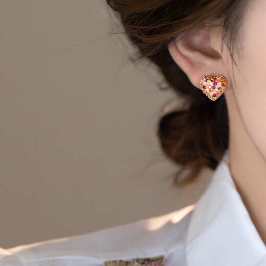 DL 1998 Fat Donglai same style gemstone earrings colorful treasure temperament purple red colorful love zircon for women small exquisite fashion small exquisite full diamond love earrings / 925 silver needle pair