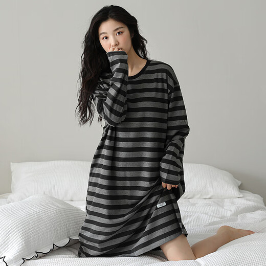 熊司令2024年新款睡裙女春秋纯棉感秋冬季睡衣可外穿条纹家居服 w9763长袖睡裙 M  70-90斤