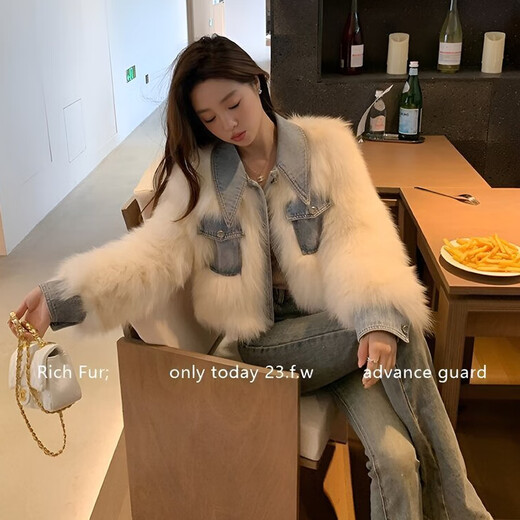 Madian 2025 New Denim Splicing Furry Autumn and Winter Imitation Fur Women's Cotton Thickened Small High Waist Fashion Short Jacket White M Recommended 80-100Jin Jin is equal to 0.5 kg