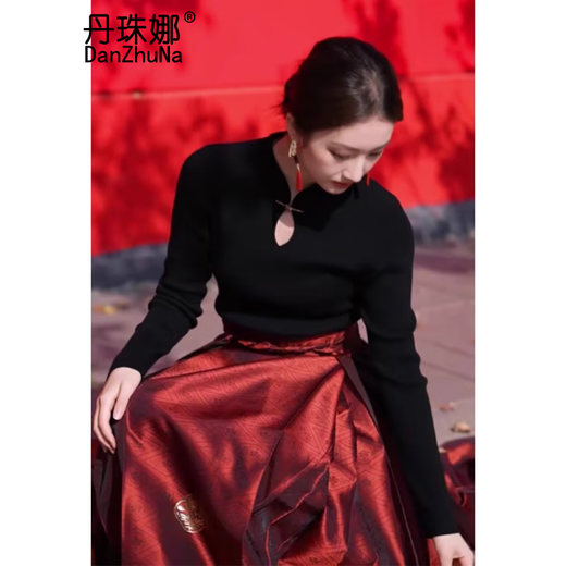 
DanZhuNa (DanZhuNa) red horse-faced skirt full set of 2024 New Year of the Dragon Year New Chinese dress Women's toast clothing Engagement dress Set 2679 Black top + Red horse-faced skirt M