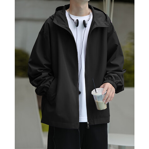 Geslandi Spring Jacket Men's Assault Jacket Men's New Casual Hooded Waterproof Loose Spring and Autumn Student Clothes Top Men Black L 115Jin Jin equals 0.5kg -140Jin Jin equals 0.5kg