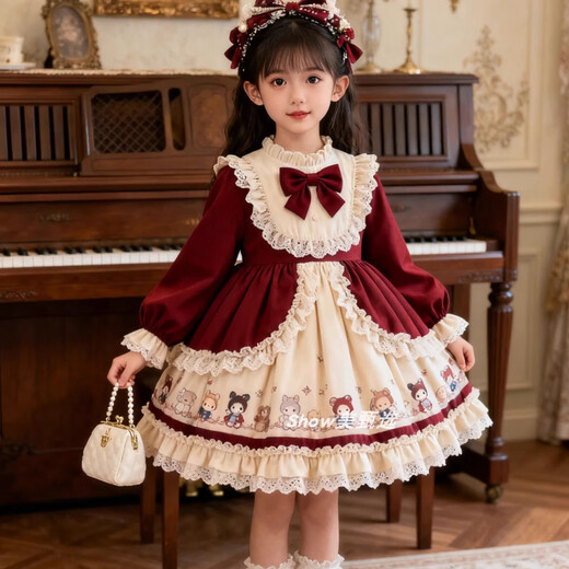 Kafanli (KafanIi) Girls Lolita Princess Dress 25 New Children's Birthday Dress Western Style Baby Girl Dress Autumn and Winter Burgundy 265 Velvet No Accessories 150 cm