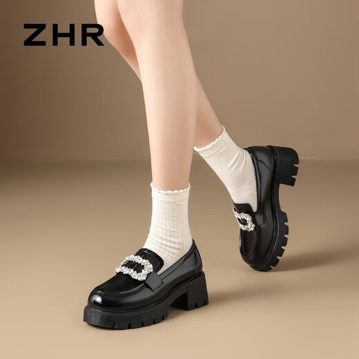 ZHR乐福鞋女时尚镜面百搭水钻女鞋厚底增高单鞋黑色皮鞋JF151黑色37