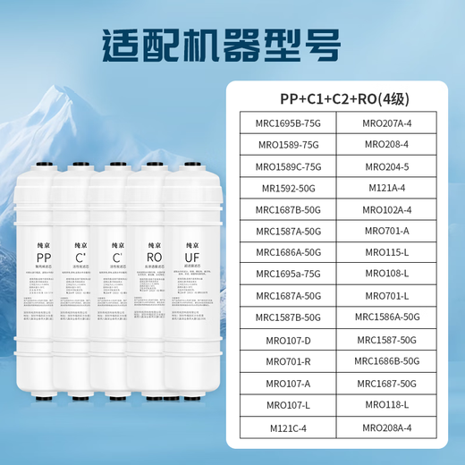 纯京适配美的净水器滤芯S1系列PAC复合C1前置活性炭C2后置活性炭RO反渗透膜净水机滤芯通用 MRO1592-50G【全套M6系列4支】