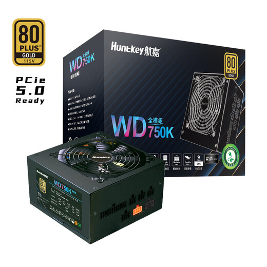 Huntkey WD750K Vollmodul Goldmedaille 750W Computer Netzteil (80plus Goldmedaille/Einzelkanal 60A/Vollspannung/LLC+SR+DC-DC/Intelligent Temperaturregelung)