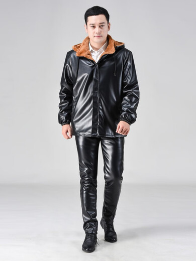 Shantou Lincun velvet thickened leather jacket and leather pants suit men's motorcycle windproof loose plus size winter leather and cotton coat driving jacket hooded velvet thickened leather jacket suit 2XL 2XL recommended 120-140Jin Jin equals 0.5 kg